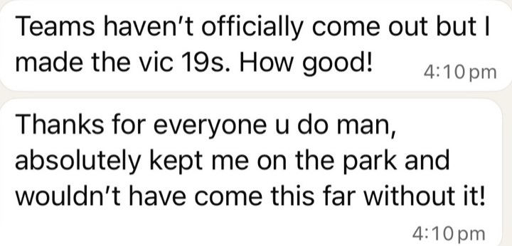 Message: made the Vic 19s, absolutely kept me on the park